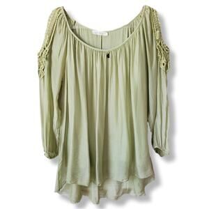 Women Belle France Green Silk Flowy Blouse Top L Boho Artsy Lagenlook Italy